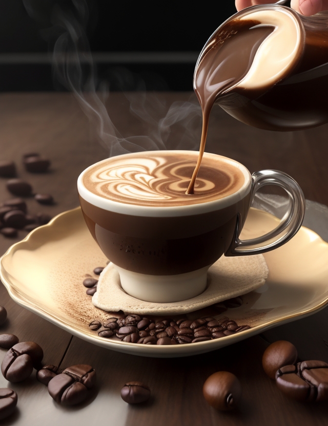 A mesmerizing scene of mocha coffee being poured into a cup, steam rising, capturing the indulgence.